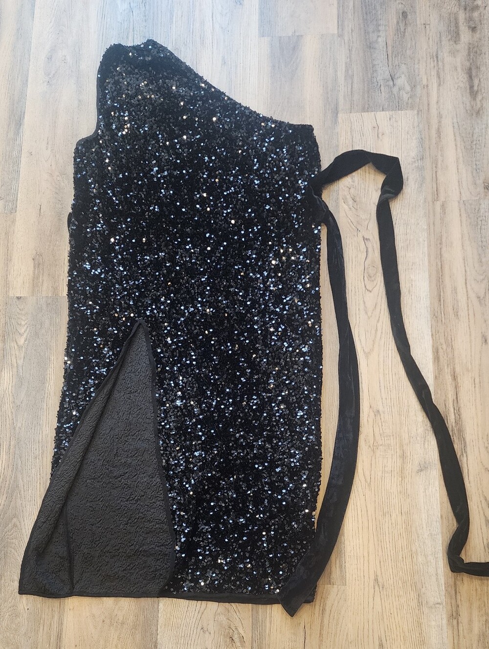 Boohoo Plus Black Sequin One-Shoulder Jumpsuit with Side Slit